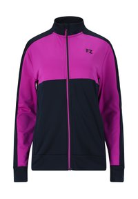 Zipjacka med dragkedja som har en fuchsia övre del och en marinblå nedre del. Tillverkad av glatt, lätt material med ribbade ärmslut.