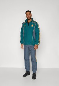 Teal and gray tracksuit with a zippered jacket featuring gold accents and a logo, paired with matching pants, worn with black sneakers.