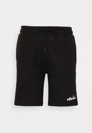 Black cotton shorts with an elastic waistband and adjustable drawstring. Features a white logo printed on the lower leg. Soft texture, knee-length.