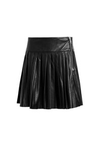 Falda plisada de cuero negro con una textura suave, que cuenta con una cremallera lateral y una cinturilla alta para un diseño estructurado.