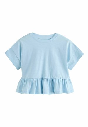 Světlomodré bavlněné tričko s kulatým výstřihem a krátkými rukávy, zakončené nabráným volánem, který přidává texturu a designový prvek.