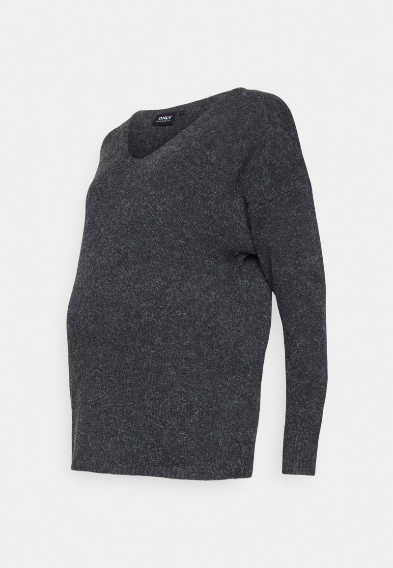 Tumši pelēks grūtniecības džemperis ar V veida kaklu, garām piedurknēm un brīvu piegriezumu, kas izstrādāts komfortam, izgatavots no mīksta, teksturēta materiāla.