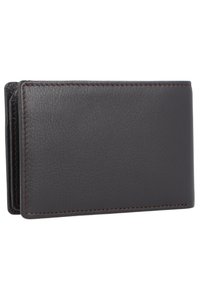 Schwarze Lederbrieftasche mit strukturierter Oberfläche, rechteckiger Form, braunen Nähdetails und schlankem Design für einfache Aufbewahrung.
