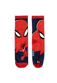 Calzini rossi e blu con un grafico di Spiderman, presentano un motivo a ragnatela nella parte superiore e dettagli facciali audaci.