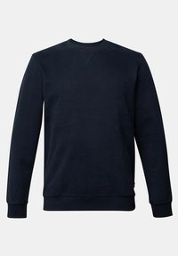 Sweat-shirt uni bleu marine foncé col rond avec manches longues, poignets et bas côtelés sur fond gris clair.