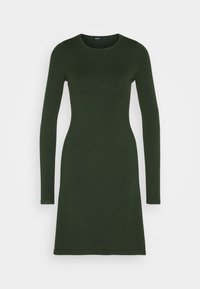 Robe à manches longues, longueur genoux, de couleur vert foncé, en jersey côtelé. Encolure ronde simple avec une silhouette ajustée et sans motifs visibles.