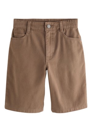 Braune kniehohe Jeansshorts mit Frontknopf, Reißverschluss, Gürtelschlaufen und Fünf-Taschen-Design.