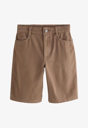 Braune kniehohe Jeansshorts mit Frontknopf, Reißverschluss, Gürtelschlaufen und Fünf-Taschen-Design.