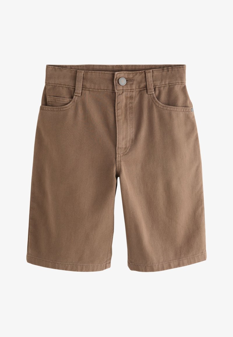 Short en jean marron jusqu'au genou avec bouton devant, fermeture éclair, passants de ceinture et design cinq poches.