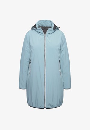 Vaaleansininen hupparitakki, jossa on etuvetoketju, kaksi sivutaskua ja mustat yksityiskohdat kauluksessa ja vetoketjuissa. Silkkinen, vettä hylkivä kangas.