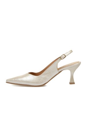 Tacones slingback en plata metálica, con punta afilada y un tacón curvado y transparente. La textura suave y el minimalismo en los detalles realzan el diseño.