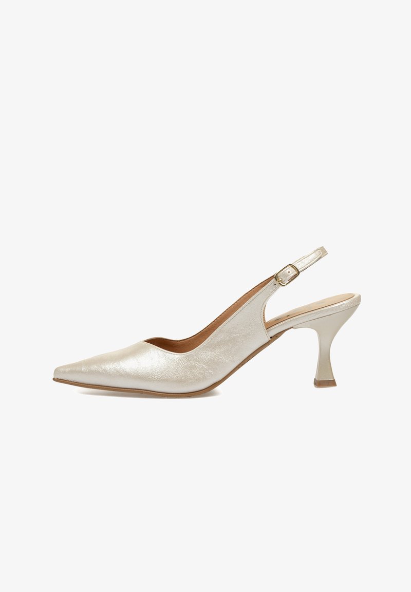 Tacones slingback en plata metálica, con punta afilada y un tacón curvado y transparente. La textura suave y el minimalismo en los detalles realzan el diseño.