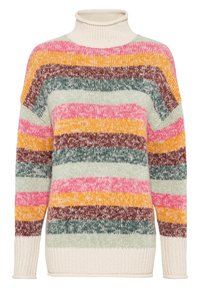 Suéter de punto grueso con cuello alto simulado, con rayas horizontales multicolores en rosa, naranja, verde, marrón y crema. Acabado texturizado.