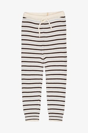 Rebraste hlače v krem in rjavih črtah z modrimi poudarki, z elastičnim pasom in vrvico za prilagodljivo prileganje.