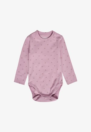Babykörper mit langen Ärmeln aus weichem rosa Stoff mit kleinen braunen Mustern. Verfügt über Knopfverschluss an der Schulter und Druckknopfverschluss unten für einfaches An- und Ausziehen.