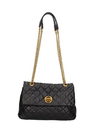 Borsa a spalla nera trapuntata realizzata in materiale sintetico, con tracolla in catena dorata, hardware rotondo dorato e chiusura a pattina.