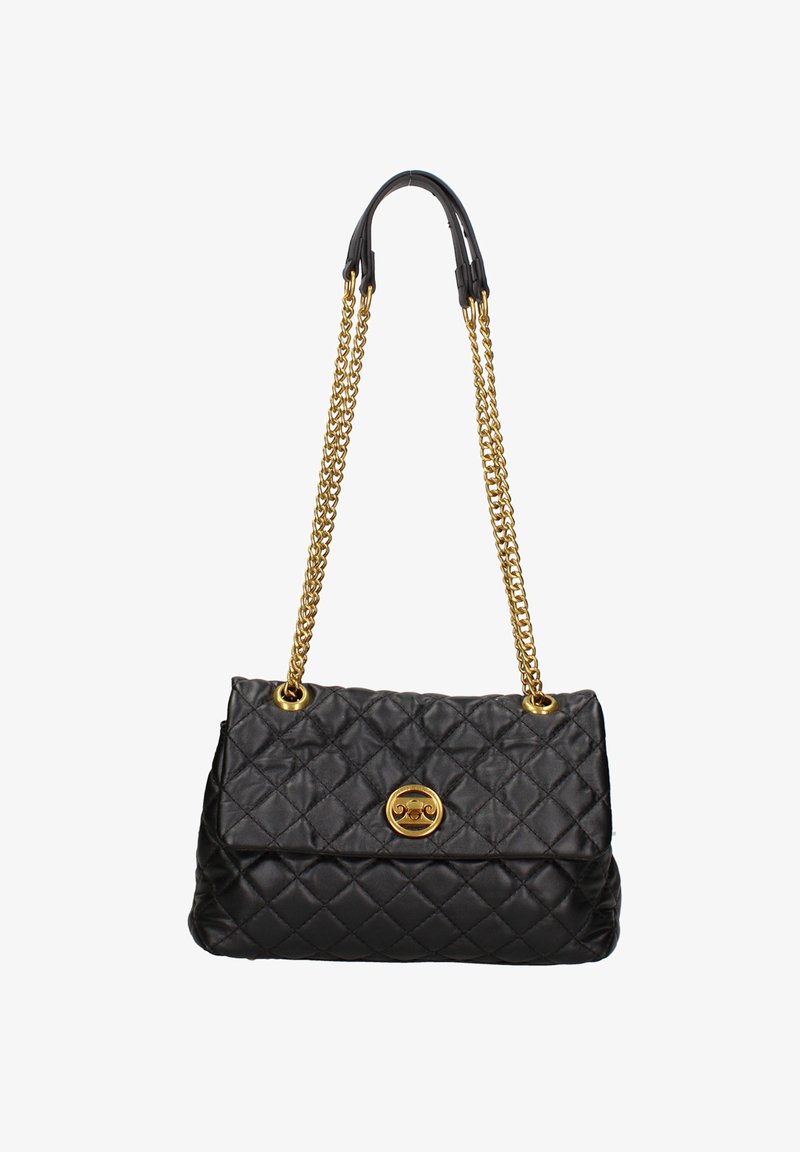 Borsa a spalla nera trapuntata realizzata in materiale sintetico, con tracolla in catena dorata, hardware rotondo dorato e chiusura a pattina.