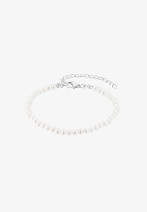 Pulsera de perlas blancas con un cierre de plata, que cuenta con perlas redondas distribuidas uniformemente y una cadena ajustable para variar el tamaño.