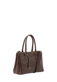 Bruine leren handtas met twee bovengrepen, een afneembare schouderband, ritssluiting en accenten in goudkleurig metaal. Heeft een gladde textuur.