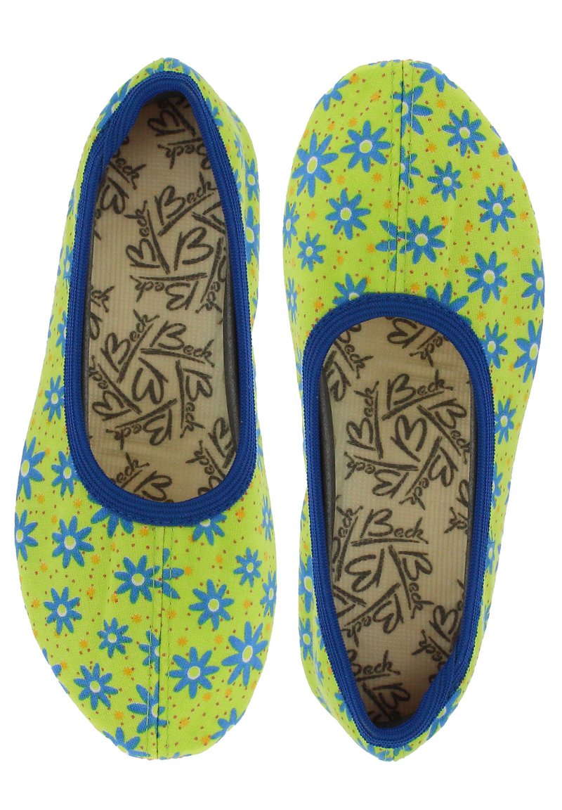 Grüne Blumen-Einschübe mit blauen Akzenten; zeigen ein Muster aus blauen Blumen auf einem gelben Stoff; innen mit einem beigefarbenen strukturierten Futter.