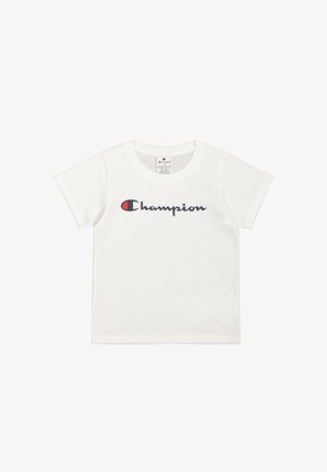 Witte katoenen t-shirt met korte mouwen en een ronde hals, met een marineblauw "Champion" logo verfraaid met een rood embleem.