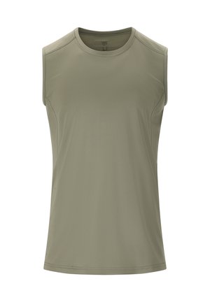 Mouwloos atletisch shirt in olijfgroen met ronde hals en zichtbare stiksels langs de schouders en zijkanten.