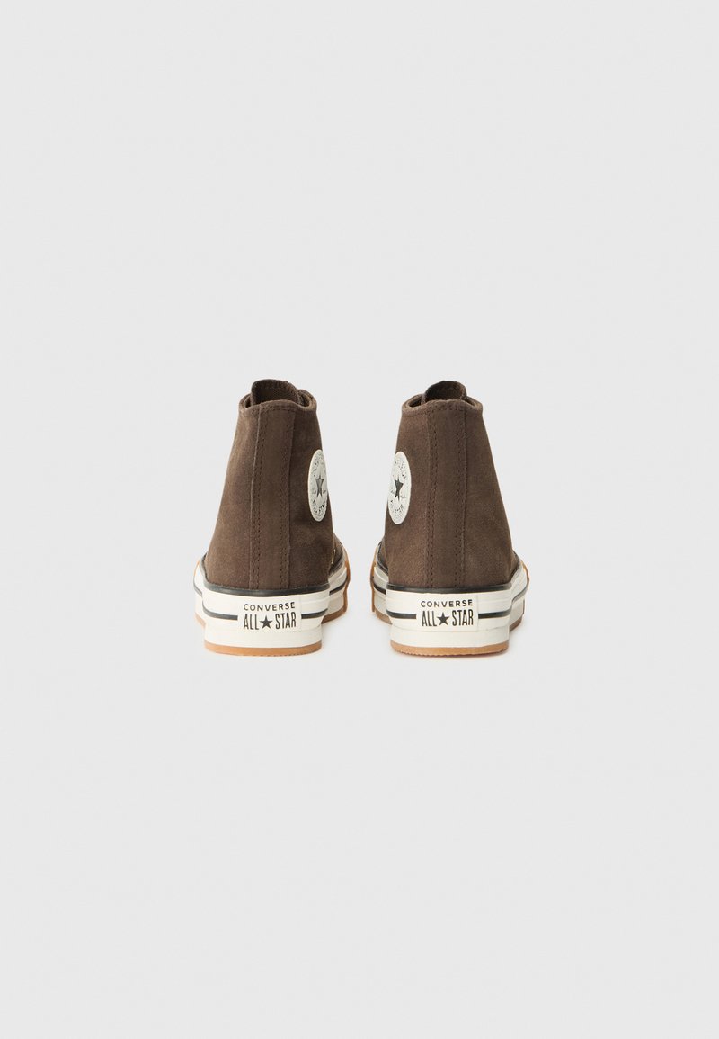 Baskets montantes en daim marron avec semelles en caoutchouc blanches, arborant le logo Converse All Star sur le talon extérieur et une semelle intermédiaire rayée.