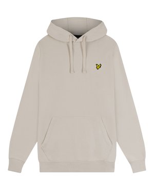 Krämfärgad hoodie med en framtagen känguruficka, ribbade ärmslut och nederkant. Har en liten gul fågel-logotyp på bröstet.