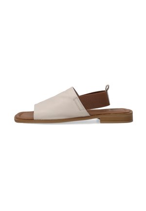 Lædersandaler med en beige overdel og en brun elastisk rem. Åben tå-design og flad sål med en subtil kantdetalje.