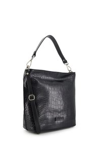 Black faux crocodile leather handbag with short handle and adjustable shoulder strap, rectangular shape, minimal silver hardware accents.