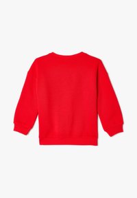 Felpa rossa con colletto a girocollo, maniche lunghe e polsini e fondo a costine. Tessuto liscio, design semplice, senza pattern o decorazioni.