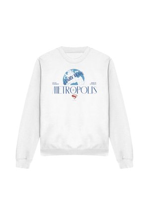 White sweatshirt with blue globe graphic, text "Daily Planet," "Metropolis," and small red Superman logo below.