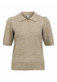 Polo shirt in maglia beige a maniche corte con maniche a palloncino, colletto e patta con quattro bottoni, realizzato in tessuto texture.