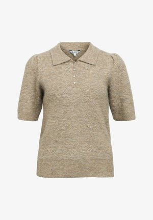 Polo shirt in maglia beige a maniche corte con maniche a palloncino, colletto e patta con quattro bottoni, realizzato in tessuto texture.