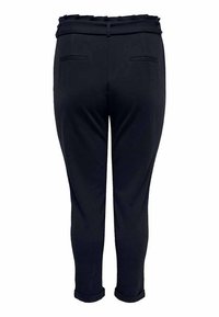 Black high-waist tapered pants with a ruffled waistband, back slit pockets, and rolled cuffs, shown from the rear against a white background.