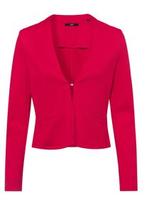 Blazer court rouge avec manches longues, devant ouvert avec une seule fermeture et deux petites poches avant.