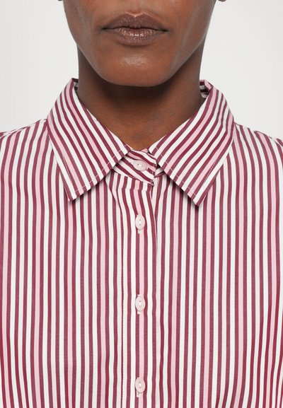 Stripped shirt with a collar featuring alternating white and maroon vertical stripes, classic button closure, and a smooth fabric texture.