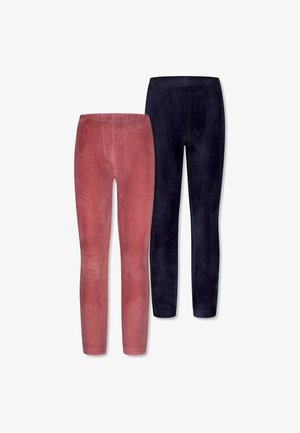 Twee paren geribde leggings, één in een vervaagde rozenkleur en de ander in donker marineblauw. Beide hebben een elastische tailleband en een slim fit.