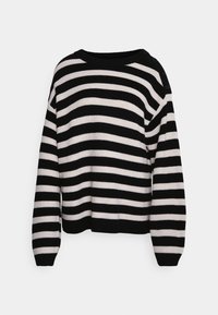 Czarny i biały sweter w paski z okrągłym dekoltem. Posiada ściągaczowy wzór oraz guziki na ramionach. Długie rękawy o luźnym kroju.