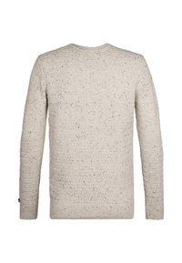 Crèmekleurige gebreide trui met een gestructureerd, lussenpatroon. Heeft lange mouwen en een klassieke ronde halslijn met ribgebreide manchetten.