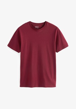 Maroon short-sleeve t-shirt made of cotton, featuring a crew neck and a smooth texture, with a simple, minimalist design.