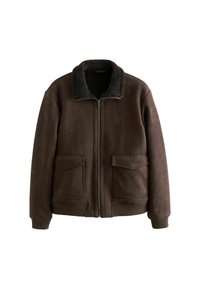 Braune Wildlederjacke mit einem Reißverschluss vorne, zwei großen Vordertaschen und einem strukturierten Kragen. Weicher Stoff und gerippte Bündchen runden das Design ab.