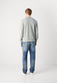 Felpa grigia chiara con maniche lunghe, scollatura tonda e polsini a costine, abbinata a jeans in denim blu a gamba dritta con tasche posteriori.