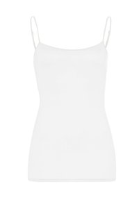 Hvid spaghetti-strap cami-top med en tætsiddende design. Lavet af glat stof, har den en rund halsudskæring og et enkelt, sømløst udseende.