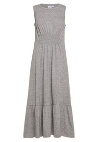Szara, bezrękawnikowa sukienka z dzianiny, z marszczoną talią i rozkloszowanym, warstwowym dołem, charakteryzująca się gładką fakturą i swobodnym stylem.