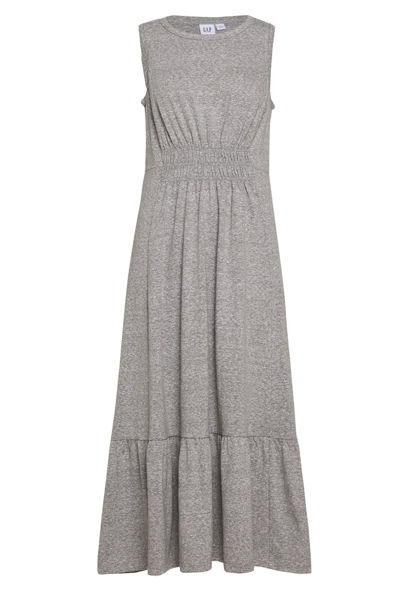 Szara, bezrękawnikowa sukienka z dzianiny, z marszczoną talią i rozkloszowanym, warstwowym dołem, charakteryzująca się gładką fakturą i swobodnym stylem.