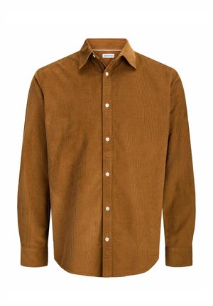 Chemise en velours côtelé marron à manches longues avec des boutons blancs et un col pointu, vue de face sur fond blanc.
