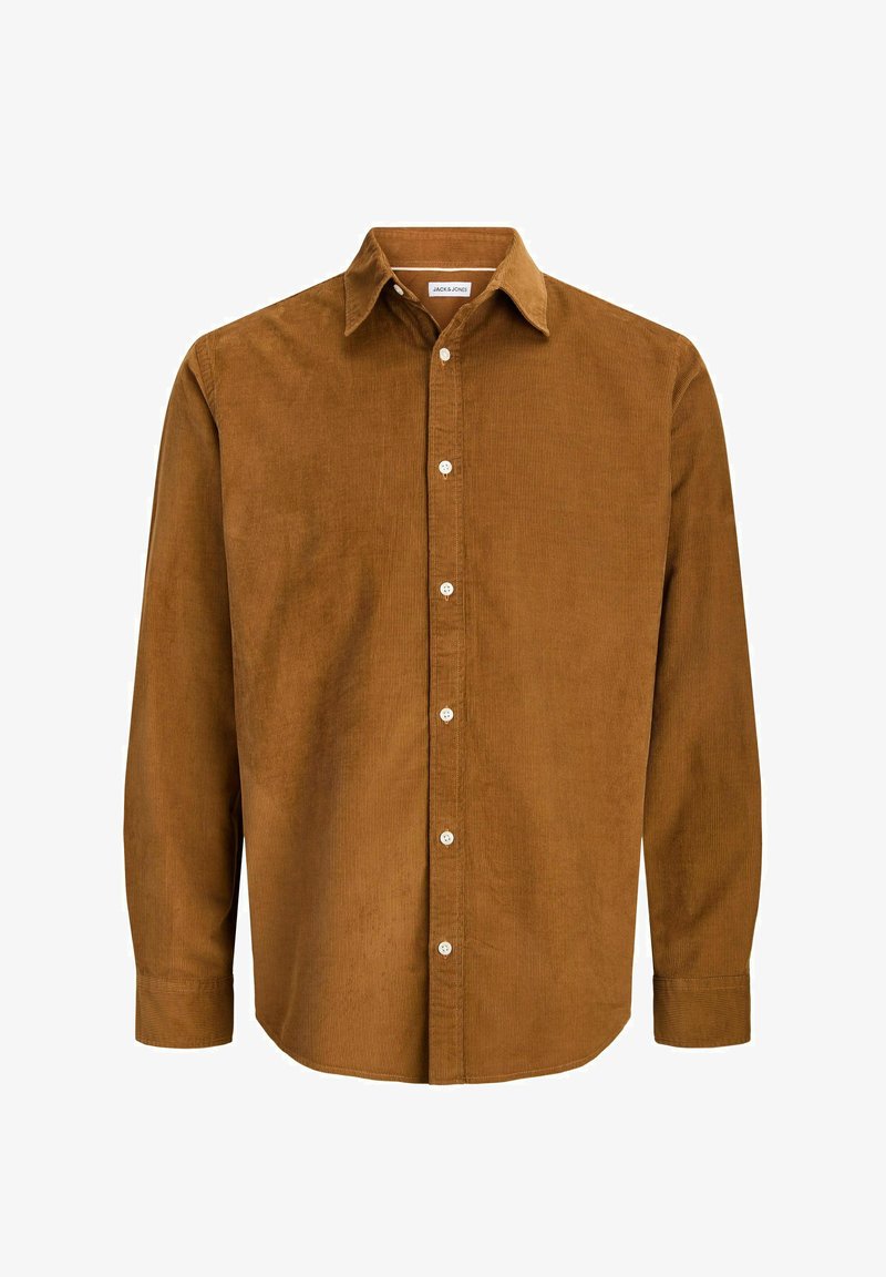 Chemise en velours côtelé marron à manches longues avec des boutons blancs et un col pointu, vue de face sur fond blanc.