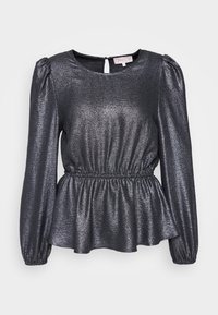 Schwarzes, metallisches Peplum-Top mit langen Puffärmeln, Rundhalsausschnitt und Knopfverschluss auf der Rückseite. Glatte, glänzende Textur mit gerafftem Taillendetail.