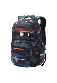 Schwarzer Rucksack mit einem dynamischen Muster aus blauen und roten Streifen. Mehrere mit Reißverschluss gesicherte Fächer, gepolsterte Schultergurte und ein verstärkter Boden.
